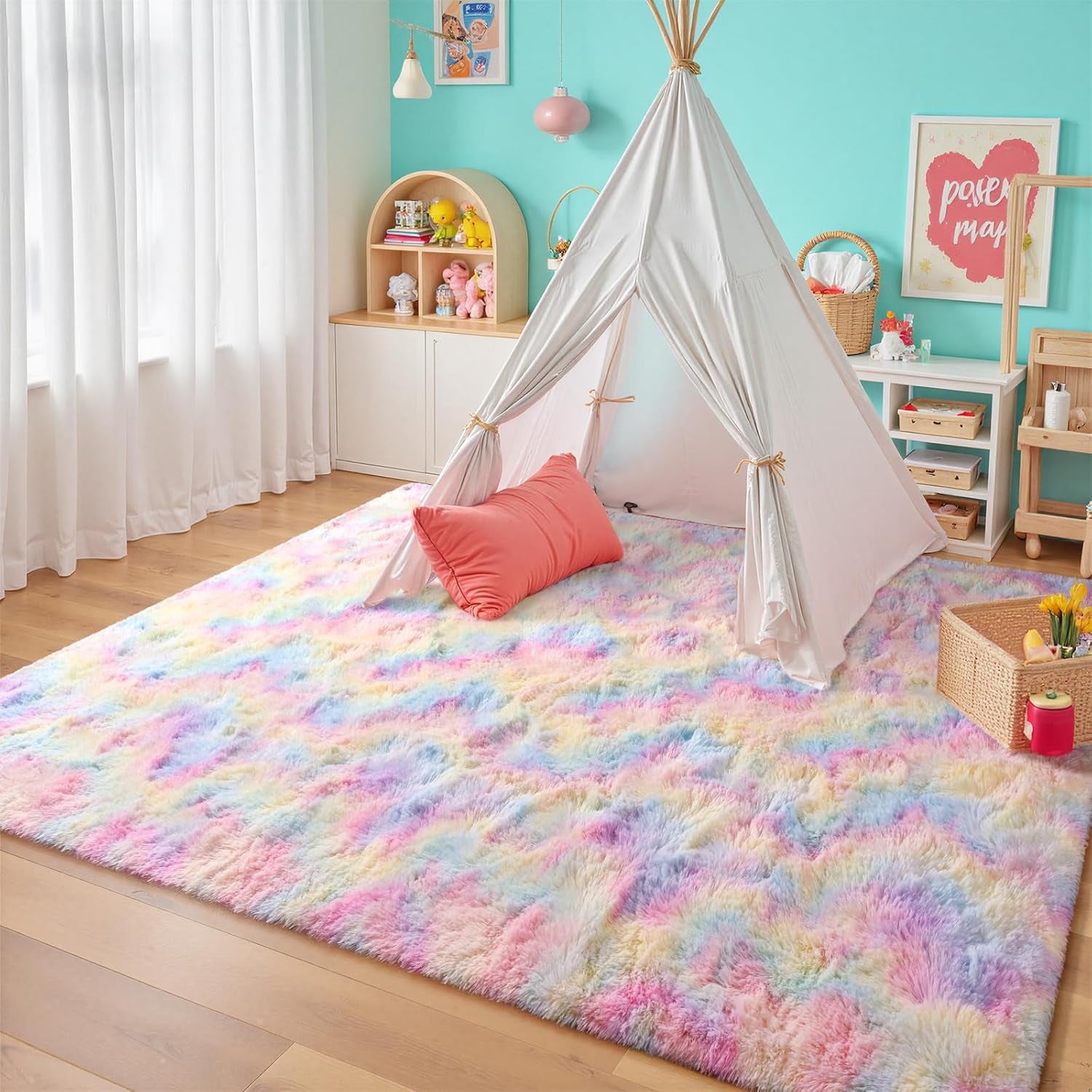 4X6 Washable Area Rug for Girls Bedroom Living Room, Tie-Dyed Rainbow Soft Non-Slip Fluffy Rugs, Shag Plush Memory Foam Carpet for Kids Room Baby Nursery Home Decor