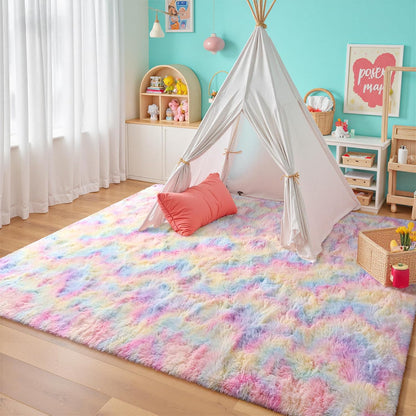 4X6 Washable Area Rug for Girls Bedroom Living Room, Tie-Dyed Rainbow Soft Non-Slip Fluffy Rugs, Shag Plush Memory Foam Carpet for Kids Room Baby Nursery Home Decor
