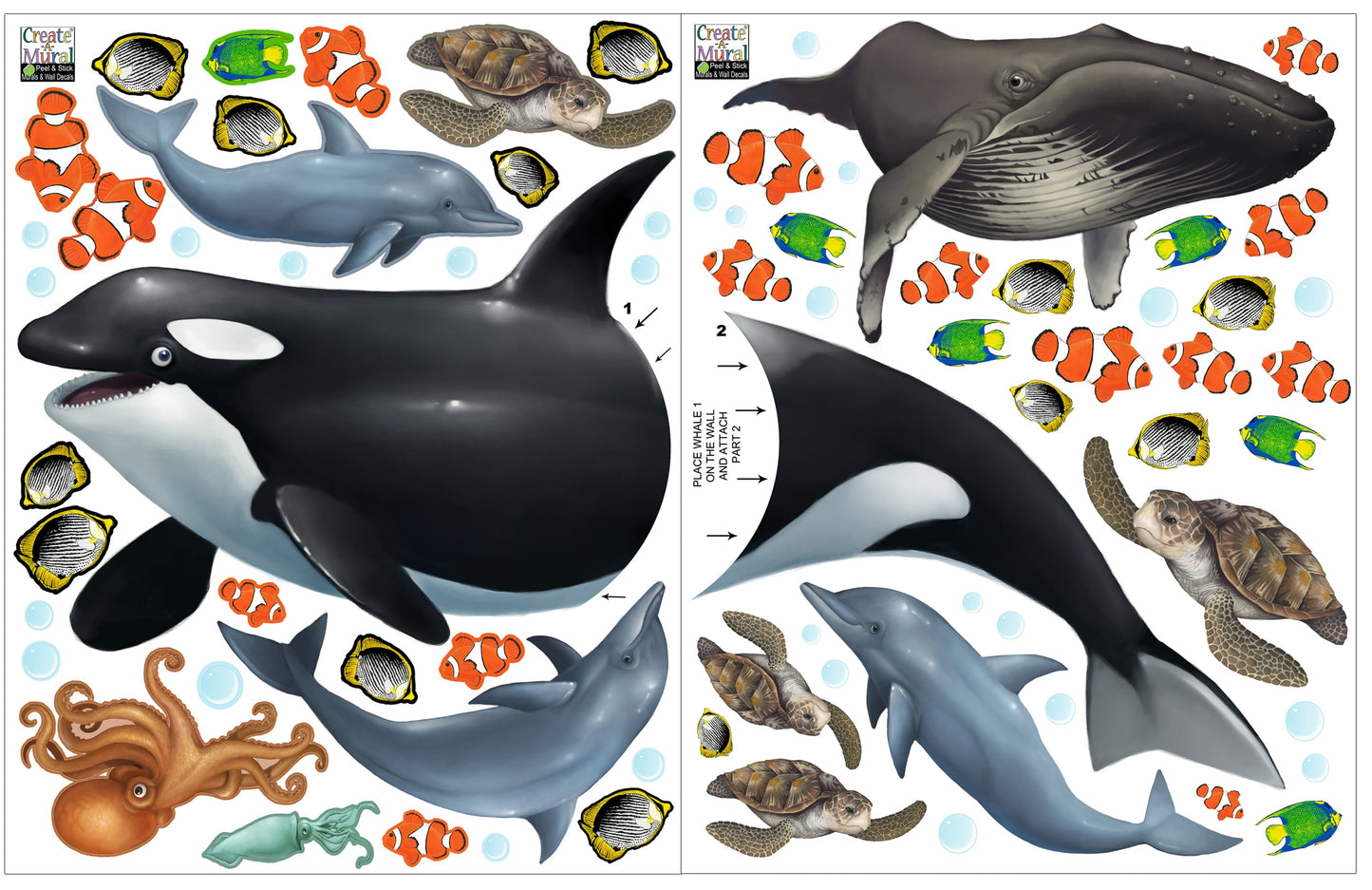 Ocean Wall Decals under the Sea Fish Whales Dolphins (29) Sea Life Wall Stickers 5" - 22"