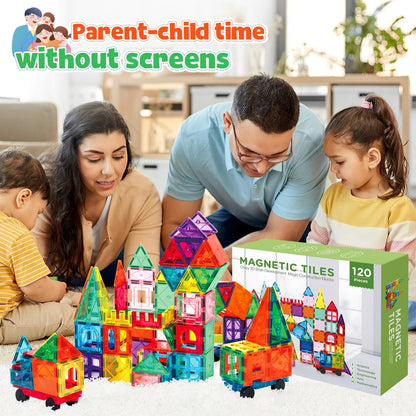 120Pcs Magnetic Tiles for Kids,Educational Magnetic Building Blocks for Boys Girls, STEM Preschool Kindergarten Learning Toys