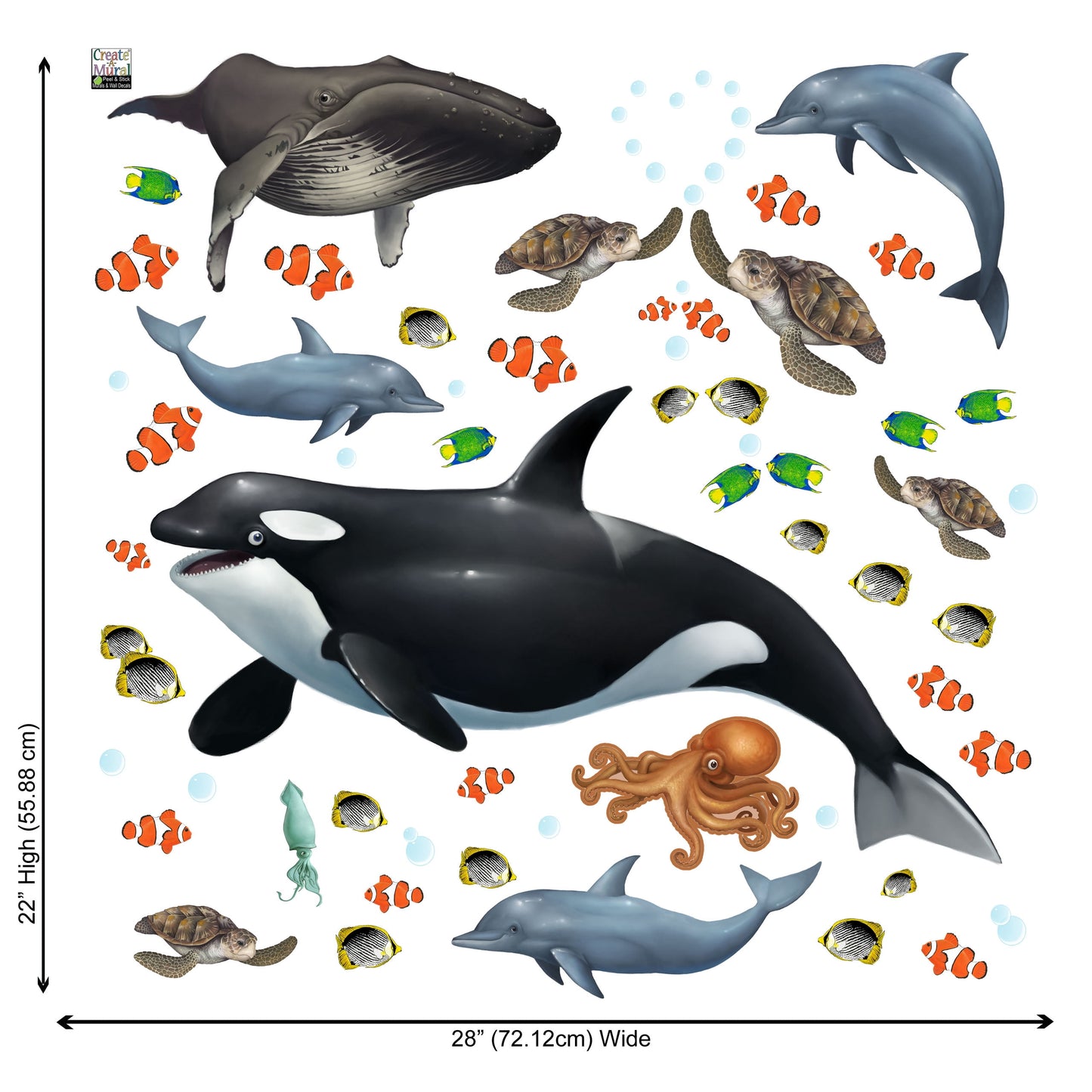 Ocean Wall Decals under the Sea Fish Whales Dolphins (29) Sea Life Wall Stickers 5" - 22"